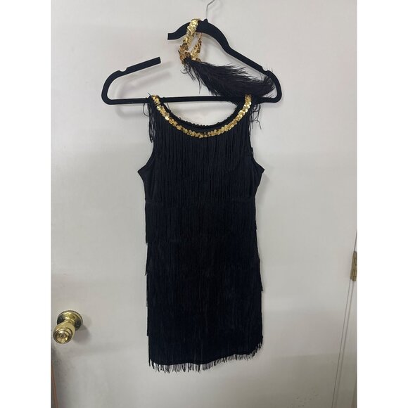 1920s Black Fringe Flapper Dress With Gold Sequin & Feather Trim - Picture 3 of 5